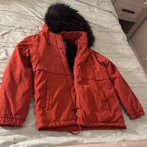 Primark Red Bomber Jacket with Black Fur Hood